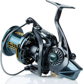 Mugen MetalStorm 14000 surfcasting fishing reel with black and gold details for high-performance surfcasting