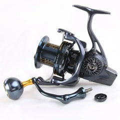 Mugen MetalStorm 14000 surfcasting reel with black and gold spool and detached handle, designed for surf fishing