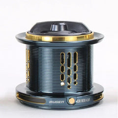 Mugen Metal Storm 14000 surfcasting reel with gear ratio 4.8:1, black and gold design, for high-performance surf fishing