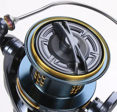 Close-up of Mugen Metal Storm 14000 surfcasting reel with black and gold accents, high-performance fishing gear