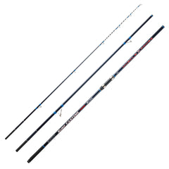 Mojo Muscle X Power surfcasting rod in three sections, blue and black with metal guides and grip, designed for surf fishing