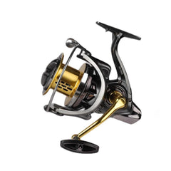 Surfmaster 12000 gold and black surfcasting fishing reel spool with handle on white background