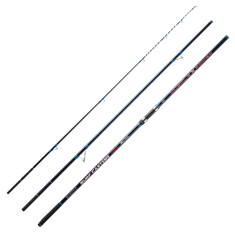 Mojo Muscle X Power surfcasting rod in three sections, blue and black with metal guides and grip, designed for surf fishing