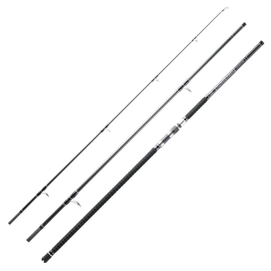 Mojo Thunderbolt surfcasting rod in black with metal guides and ergonomic grip, New Zealand design